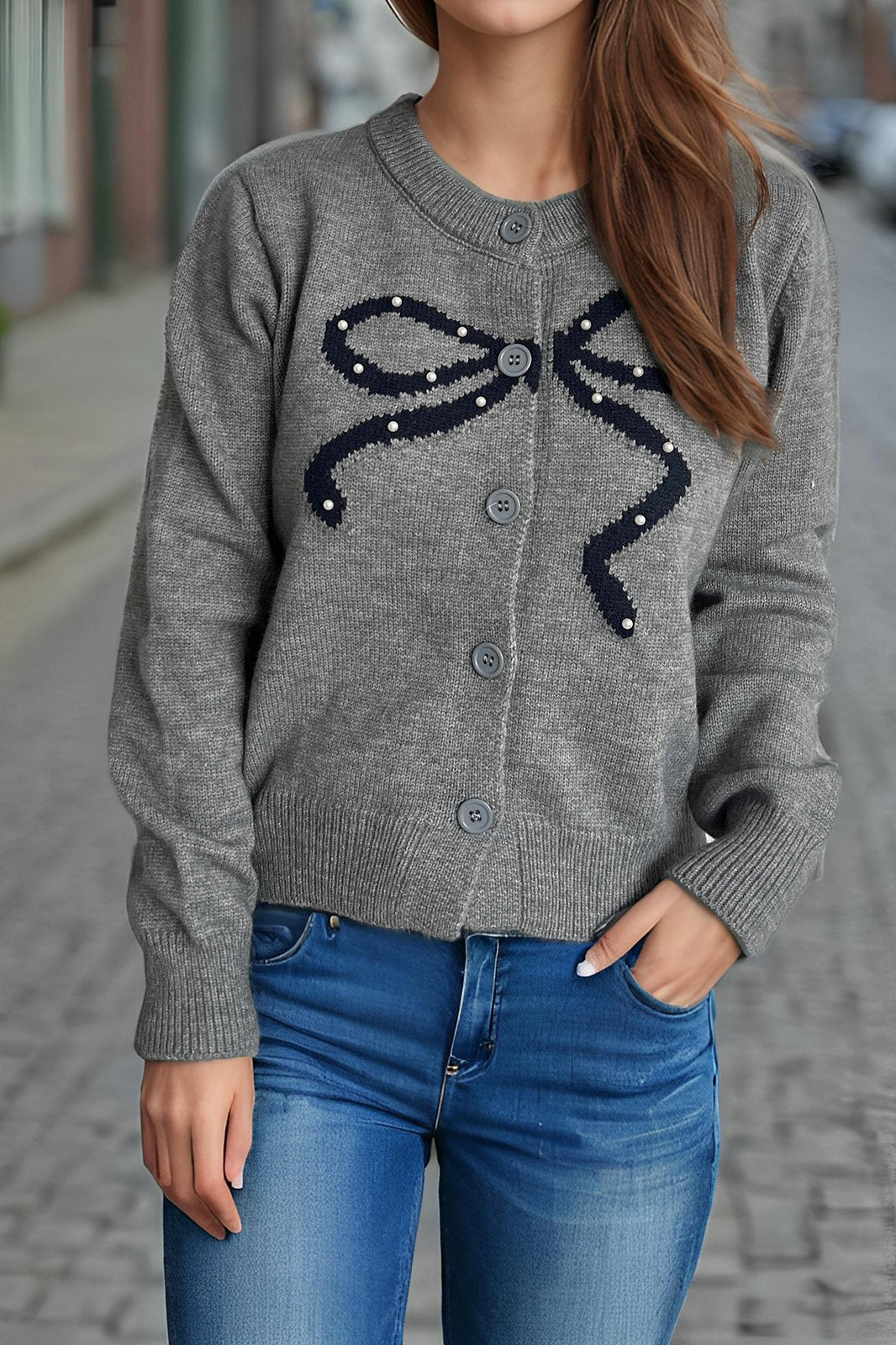 Solid Bow Jacquard Round Cardigan