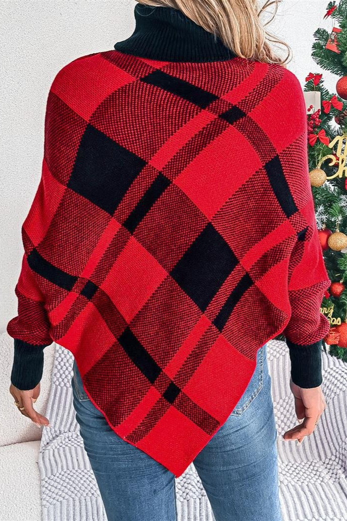 Plaid Contrast Turtleneck Cape Sweater