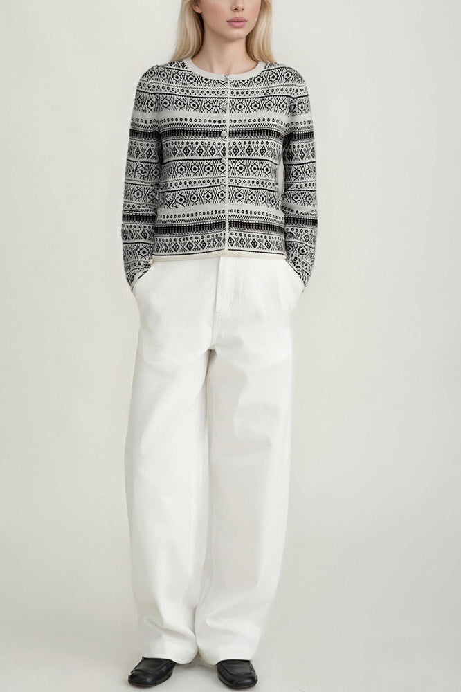 Vintage Jacquard Crew Neck Button Knit Cardigan
