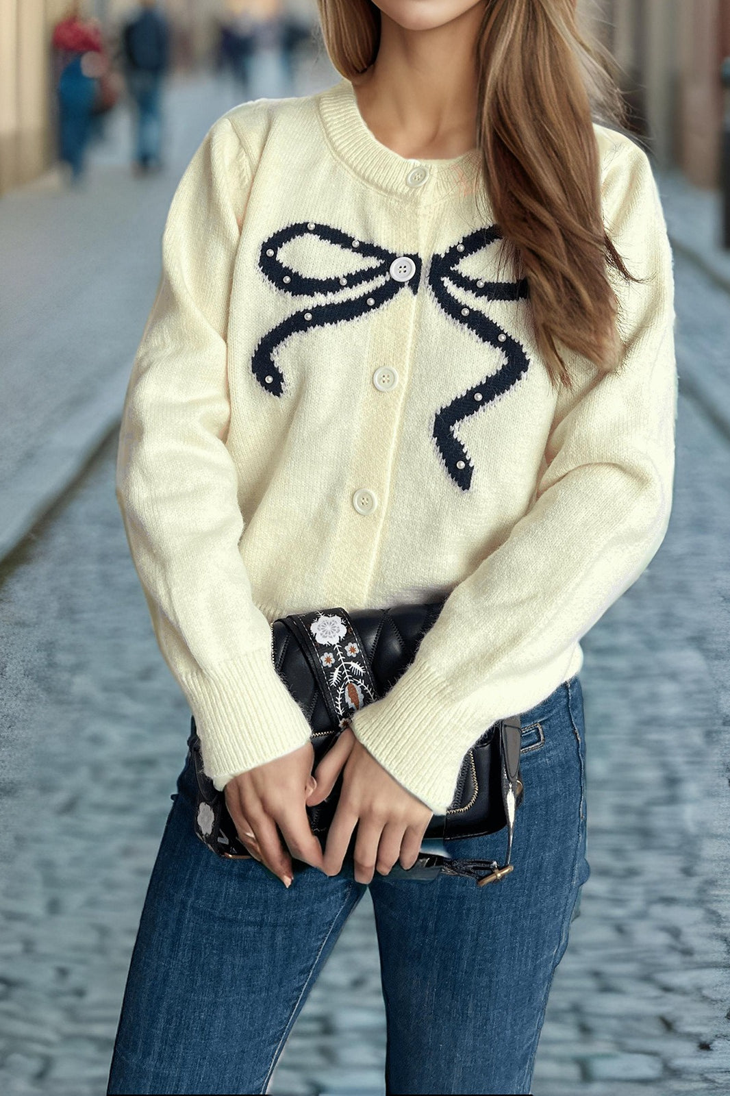 Solid Bow Jacquard Round Cardigan