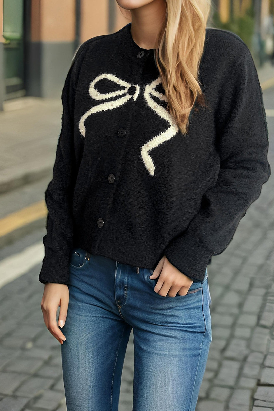 Solid Bow Jacquard Round Cardigan