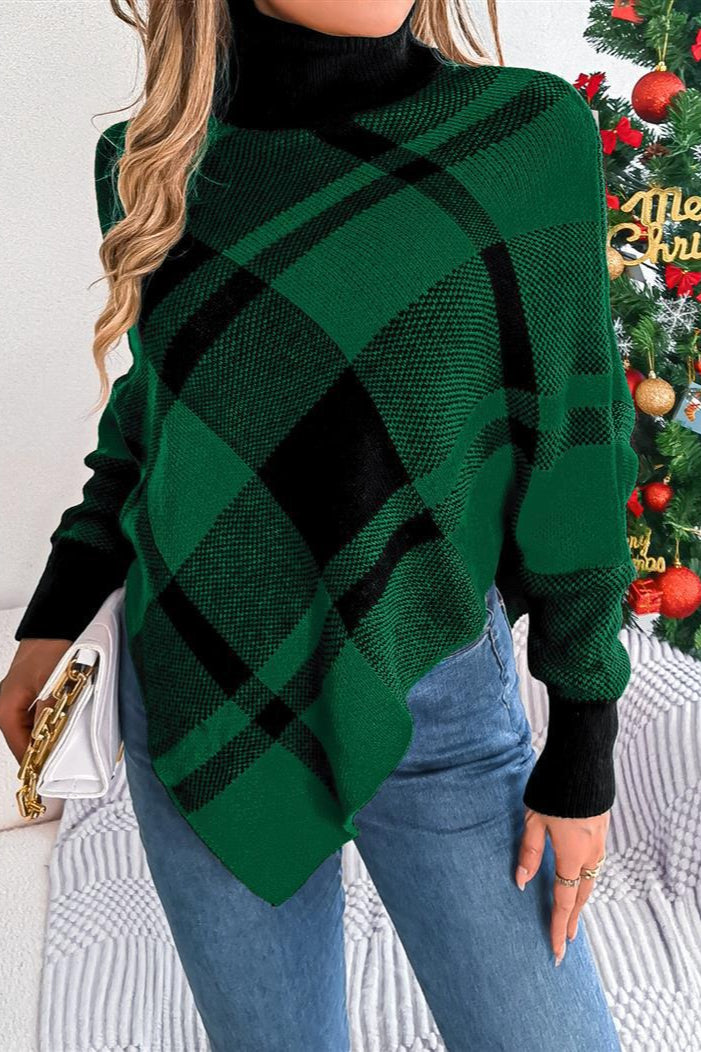 Plaid Contrast Turtleneck Cape Sweater