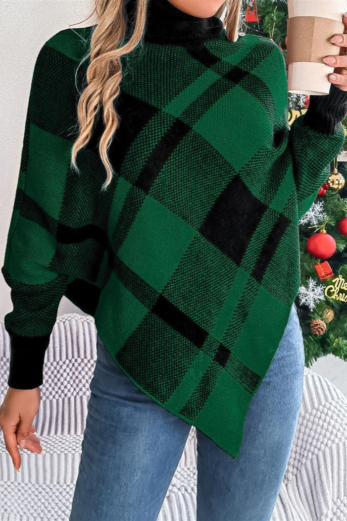 Plaid Contrast Turtleneck Cape Sweater