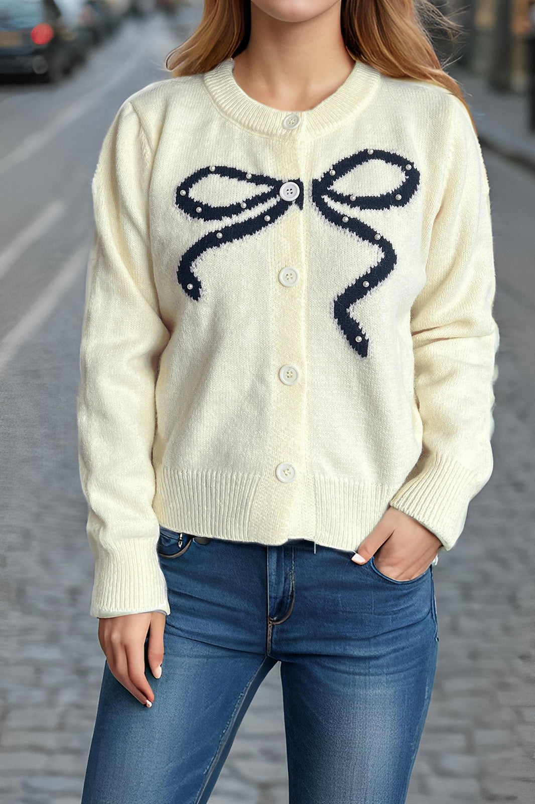 Solid Bow Jacquard Round Cardigan