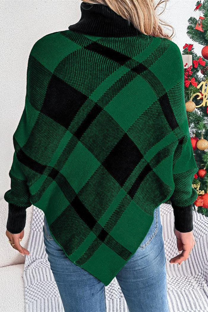 Plaid Contrast Turtleneck Cape Sweater
