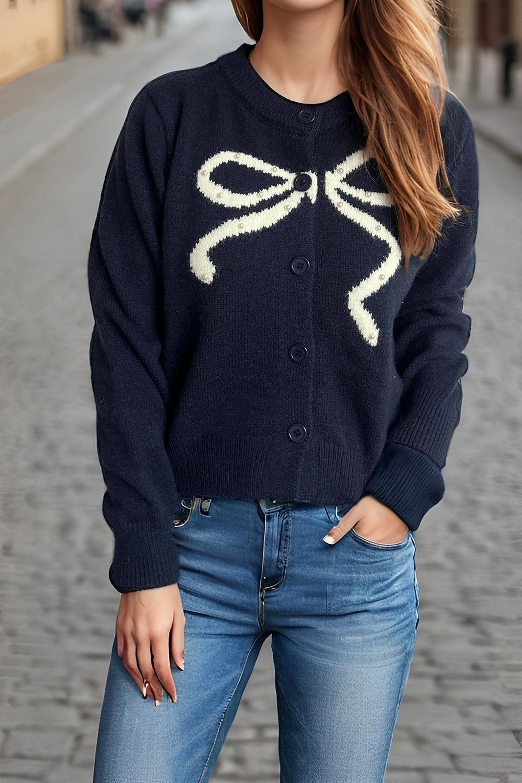 Solid Bow Jacquard Round Cardigan