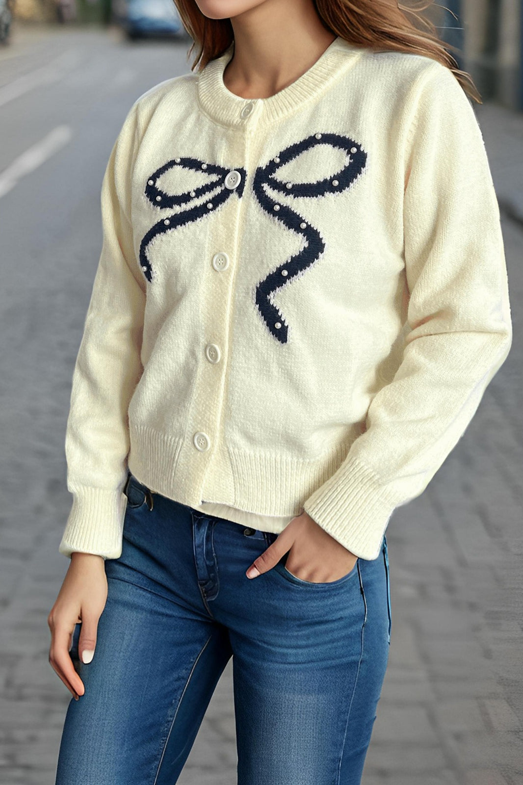 Solid Bow Jacquard Round Cardigan