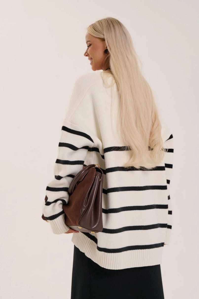 Striped V Neck Buttoned Slouchy Knit Cardigan