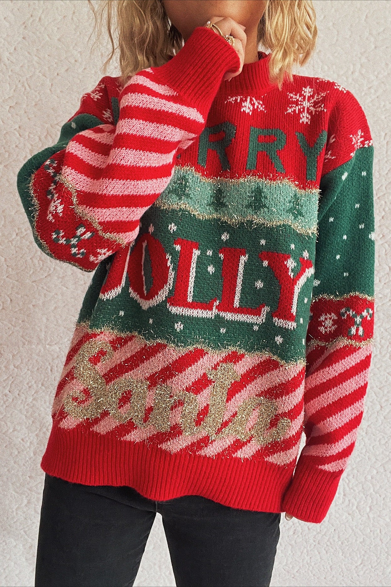 Cozy Color Block Stripe Polka Dot Sweater