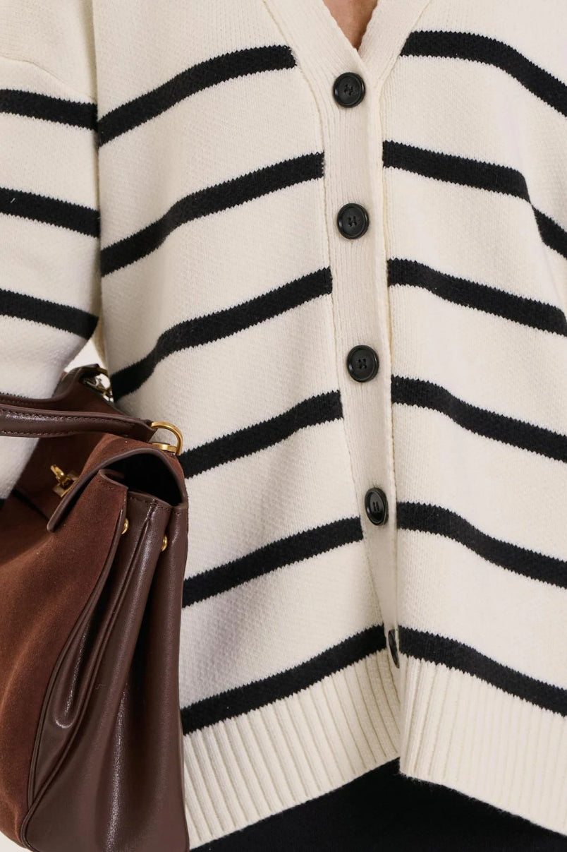 Striped V Neck Buttoned Slouchy Knit Cardigan